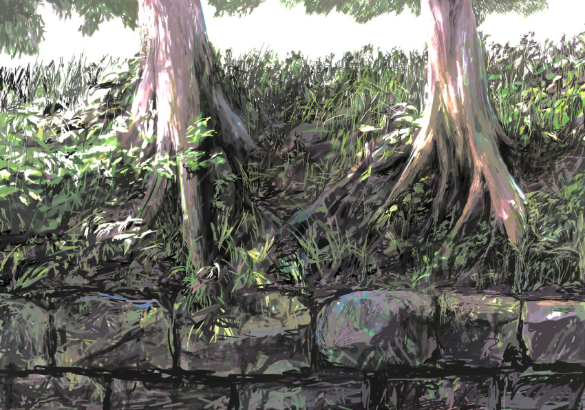 day grass mitsuaki_takeuchi no_humans original outdoors roots scenery sketch stone_wall tree wall