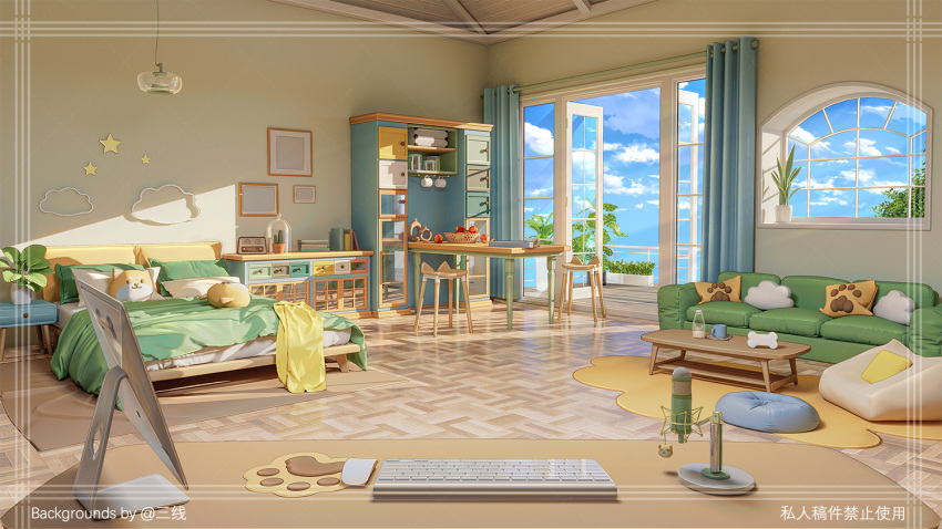 bed bedroom blue_sky chair clouds couch curtains day desk door indoors keyboard_(computer) microphone monitor mouse_(computer) mousepad_(object) open_door original paw_print pillow plant potted_plant sanxian_(wufs4222) scenery sky table window