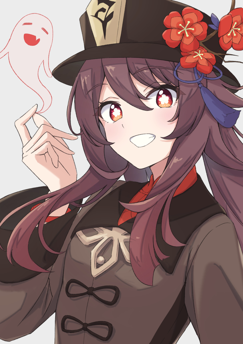 1girl absurdres bangs black_headwear blush boo_tao_(genshin_impact) breasts brown_hair brown_shirt commentary flower genshin_impact grin hair_between_eyes hand_up happy hat hat_flower highres hu_tao_(genshin_impact) long_hair long_sleeves looking_at_viewer red_eyes red_flower shirt sidelocks simple_background small_breasts smile solo symbol-shaped_pupils teeth tomatology3 upper_body white_background wide_sleeves