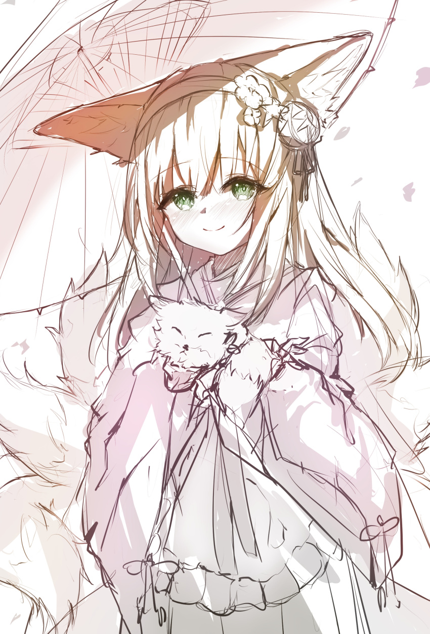 1girl absurdres animal animal_ear_fluff animal_ears apron arknights blonde_hair blush closed_mouth commentary_request douya_dada flower fox fox_ears fox_girl fox_tail frilled_apron frills green_eyes hair_between_eyes hairband highres holding holding_animal japanese_clothes kimono long_hair looking_at_viewer nose_blush oil-paper_umbrella petals pink_kimono simple_background sketch smile solo suzuran_(arknights) suzuran_(yukibare)_(arknights) tail umbrella very_long_hair white_apron white_background white_flower white_hairband