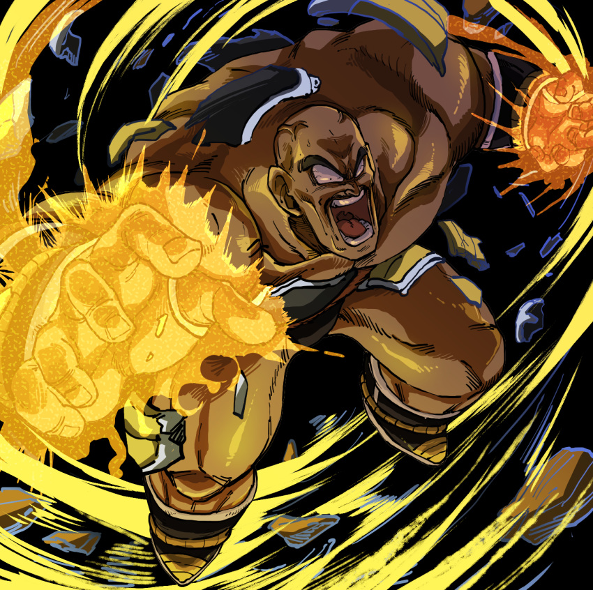 1boy aura bald black_background boots broken_arm commentary_request constricted_pupils dragon_ball dragon_ball_z facial_hair full_body highres kouji08250 male_focus monkey_tail muscular muscular_male mustache nappa open_mouth saiyan_armor shouting solo tail thick_eyebrows veins