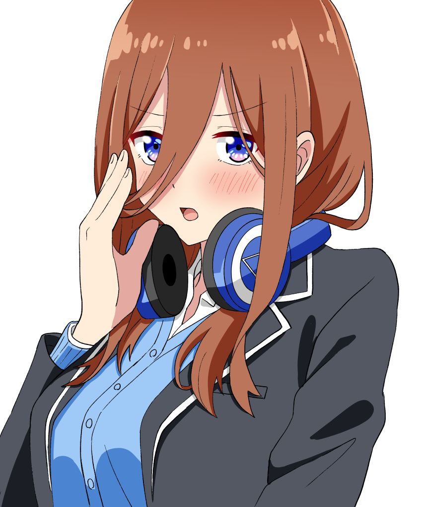1girl absurdres bangs black_jacket blue_eyes blue_shirt blush breasts brown_hair commentary_request finger_to_mouth fingernails go-toubun_no_hanayome hand_up headphones headphones_around_neck highres jacket large_breasts long_hair looking_at_viewer nakano_miku open_clothes open_jacket open_mouth school_uniform shirt shushing simple_background solo tokunaga_(umemoto) upper_body v-shaped_eyebrows white_background