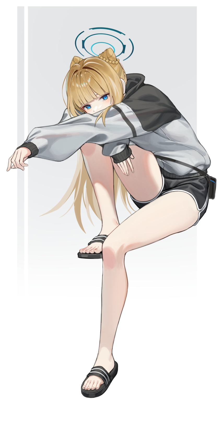 1girl absurdres alternate_costume alternate_hairstyle blonde_hair blue_archive blue_hair casual dolphin_shorts halo head_on_knee head_rest highres jacket knee_up leaning long_hair sandals short_shorts shorts sitting sleeves_past_wrists sugar_(dndi888) toki_(blue_archive)