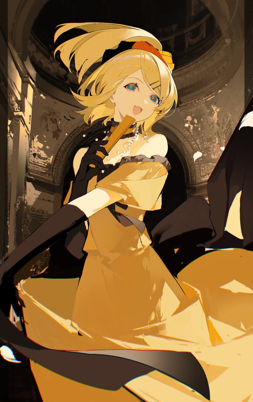 1girl absurdres alternate_costume bare_shoulders black_gloves blonde_hair blue_eyes broken_necklace cathedral choker chongzhen_085 dress elbow_gloves fan_to_mouth fang feet_out_of_frame floating_hair frilled_choker frilled_dress frills gloves hair_ornament hair_scrunchie hairclip hand_fan hand_up high_ponytail highres holding holding_fan indoors jewelry kagamine_rin looking_at_viewer multicolored_eyes necklace off-shoulder_dress off_shoulder open_mouth orange_eyes pearl_necklace scrunchie short_ponytail short_sleeves skin_fang skirt_hold smile solo turning_head vocaloid yellow_dress