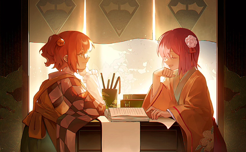 2girls apron bangs bell book checkered_clothes checkered_kimono chinese_commentary closed_eyes floral_print flower glasses hair_bell hair_between_eyes hair_flower hair_ornament hieda_no_akyuu highres japanese_clothes jingle_bell kimono long_sleeves motoori_kosuzu multiple_girls open_book open_mouth print_kimono purple_hair red_eyes redhead short_hair smile tokinhr touhou two_side_up white_flower wide_sleeves yellow_apron yellow_kimono