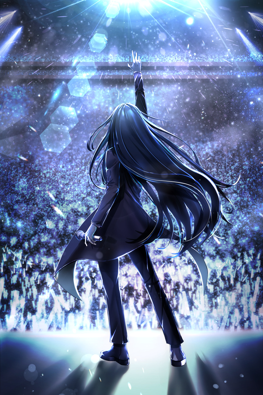 1girl absurdres ado_(singer) audience black_coat black_footwear black_hair black_pants bloom coat concert from_behind full_body gloves glowstick hand_up highres holding holding_microphone lens_flare long_hair microphone pants real_life solo stage standing sumutemu white_gloves