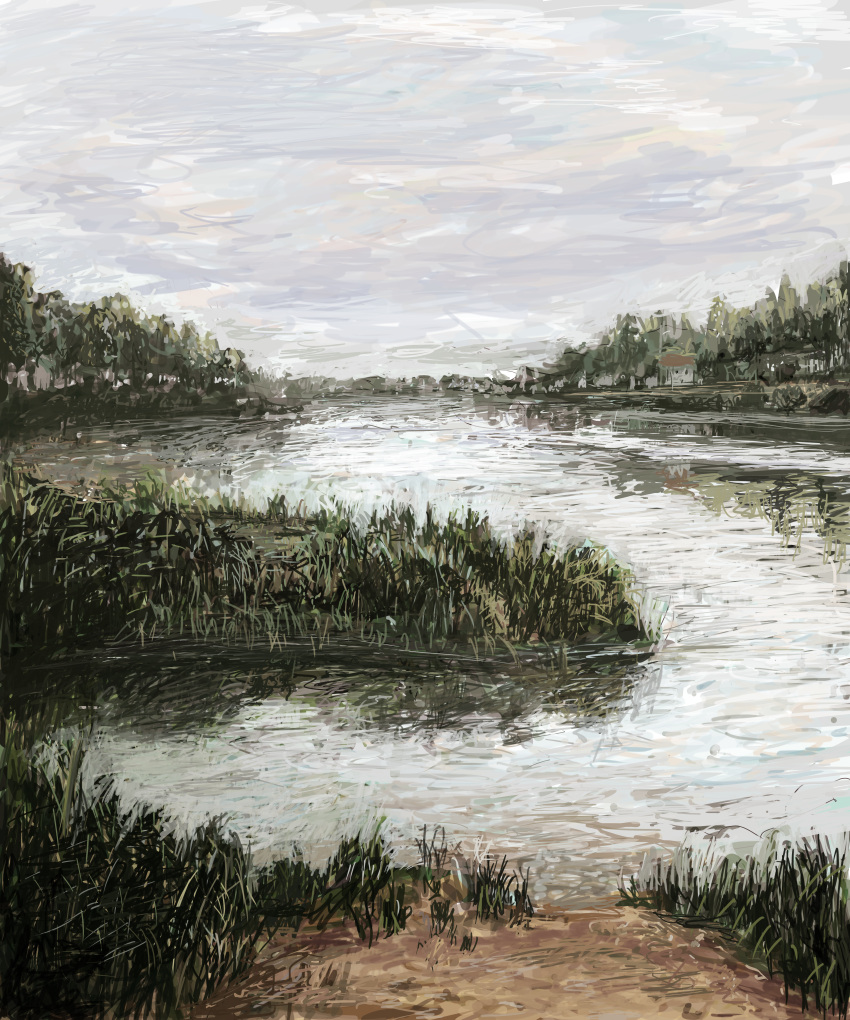 absurdres day grass highres house landscape mitsuaki_takeuchi no_humans original outdoors river scenery sketch tree wetland