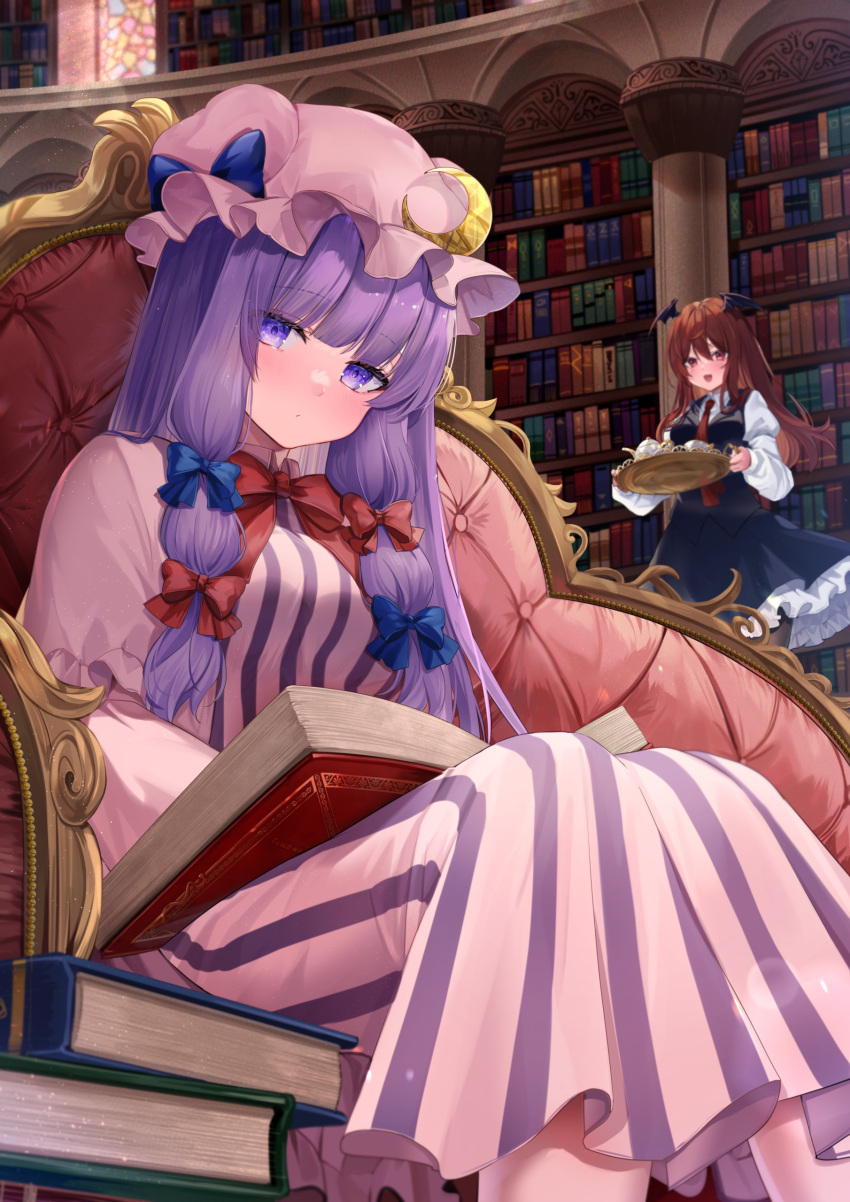 2girls absurdres bangs black_pantyhose black_skirt black_vest black_wings blue_bow blush book bookshelf bow chair closed_mouth collared_shirt crescent crescent_hat_ornament cup demon_wings dress frilled_skirt frills hair_between_eyes hair_bow hat hat_ornament head_wings highres holding holding_tray koakuma long_hair long_sleeves mob_cap multiple_girls necktie open_book open_mouth pantyhose patchouli_knowledge pink_dress pink_headwear purple_hair red_bow red_eyes red_necktie redhead shirt sidelocks sitting skirt smile striped striped_dress touhou tray usushio vertical-striped_dress vertical_stripes vest violet_eyes white_shirt wings
