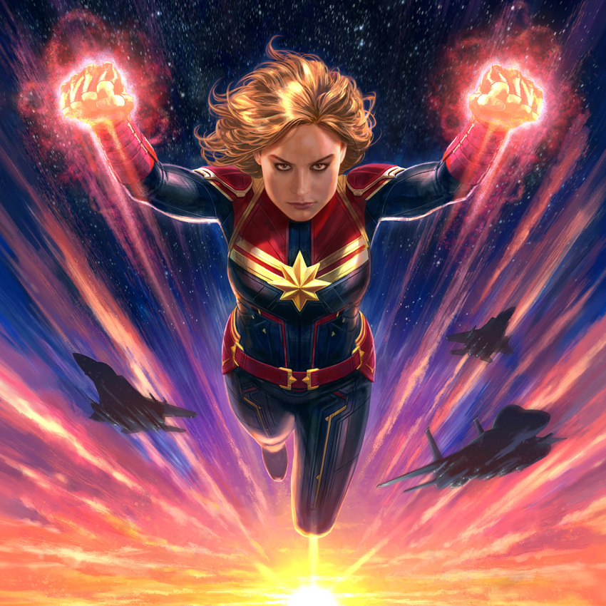 1girl aircraft airplane andyparkart blonde_hair bodysuit captain_marvel clenched_hands flying highres marvel medium_hair outdoors star_(sky) sunset