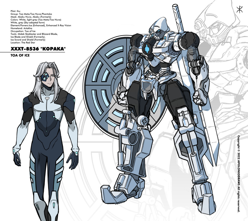 1boy absurdres apoloniodraws arm_shield bionicle blue_bodysuit blue_eyes blue_gloves bodysuit character_name clenched_hands covered_collarbone full_body gloves grey_hair highres kopaka_(bionicle) long_hair looking_down male_focus mecha mechanization multicolored_bodysuit multicolored_clothes one_eye_covered original pilot_suit robot science_fiction standing sword sword_on_back the_lego_group weapon weapon_on_back