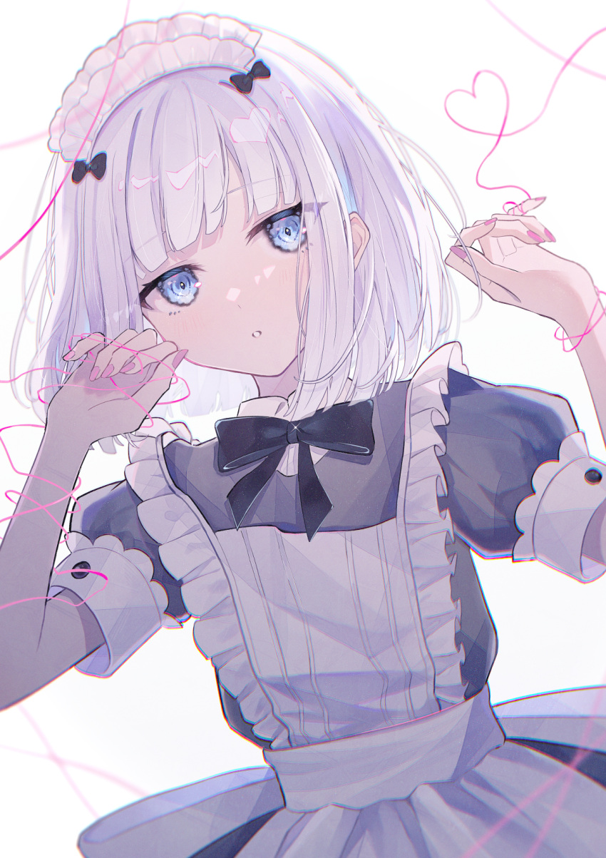 1girl apron bangs black_bow black_bowtie blue_eyes blunt_bangs bow bowtie dress frilled_apron frills headdress highres looking_at_viewer maid_apron maid_headdress nail_polish necojishi pink_nails project_sekai short_hair simple_background solo white_background white_hair yoisaki_kanade