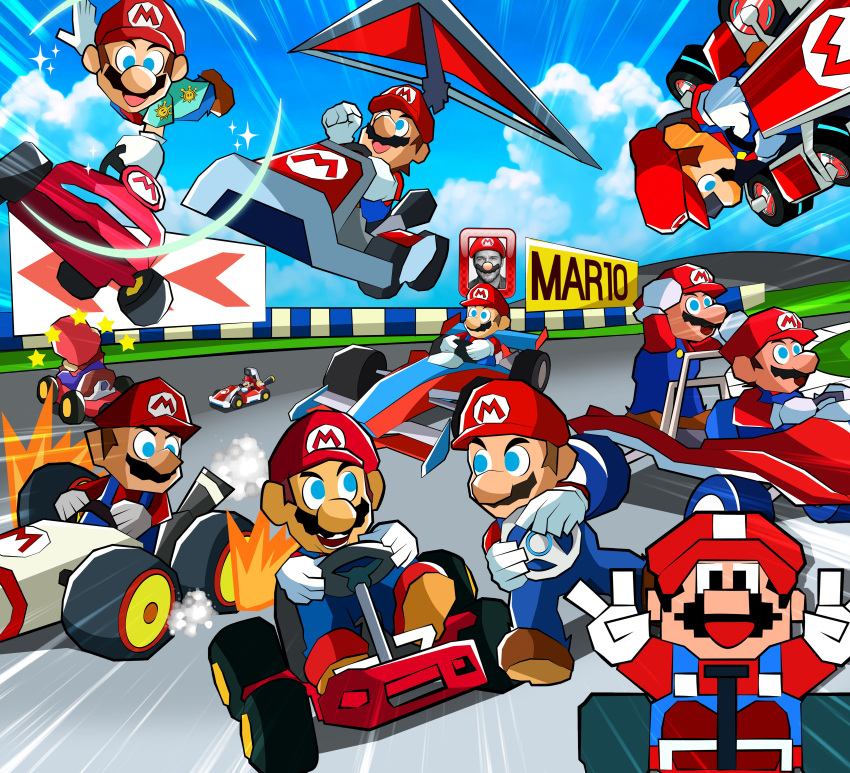 6+boys :d absurdres alternate_costume anniversary blue_overalls day drying eternalflamebry facial_hair flying gloves go-kart highres mario mario_kart mario_kart:_double_dash!! mario_kart_64 mario_kart_8 mario_kart_wii multiple_boys multiple_persona multiple_views mustache open_mouth outdoors overalls portrait_(object) red_headwear red_shirt shirt smile star_(symbol) super_mario_bros. super_mario_kart white_gloves