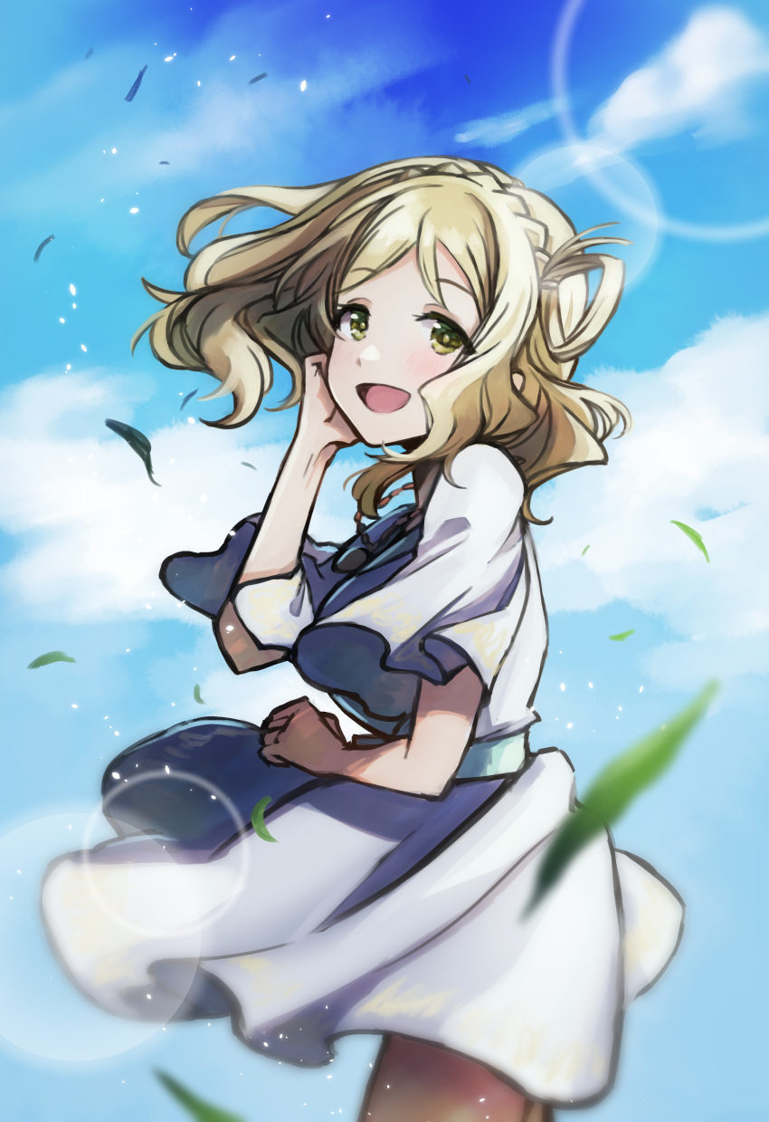 1girl :d absurdres blonde_hair blurry blurry_foreground braid clouds cowboy_shot crown_braid day dress floating_hair from_side highres lens_flare long_hair love_live! love_live!_sunshine!! ohara_mari open_mouth outdoors short_dress short_sleeves smile solo standing sundress tareko white_dress yellow_eyes