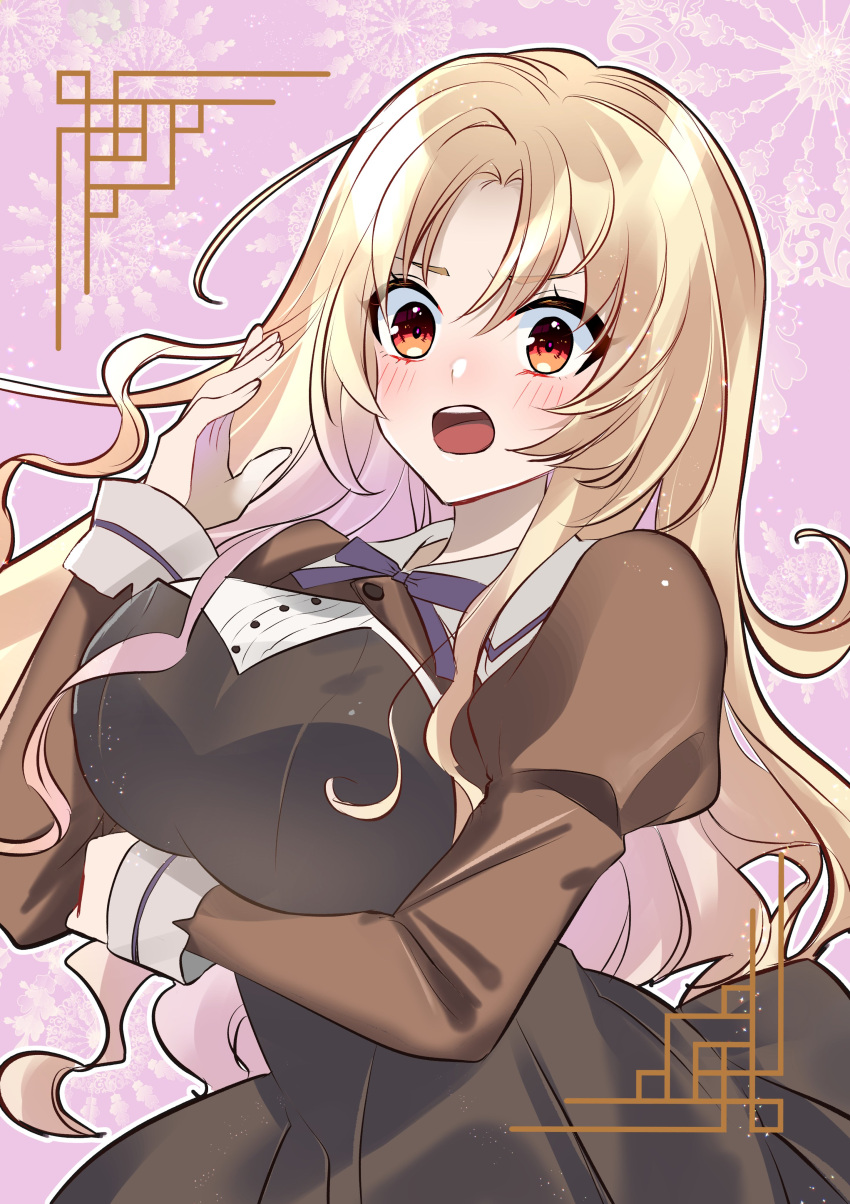 1girl absurdres arm_under_breasts assault_lily bangs blonde_hair blush breasts brown_dress buttons commentary_request cropped_jacket dress framed hair_between_eyes hands_up highres juliet_sleeves kikikaikai_(kikikaikai_chan) large_breasts light_particles long_hair long_sleeves looking_at_viewer moroi_saho neck_ribbon open_mouth orange_eyes pink_background puffy_sleeves purple_ribbon ribbon school_uniform shirt sidelocks solo standing strapless strapless_dress teeth upper_body upper_teeth_only very_long_hair white_shirt