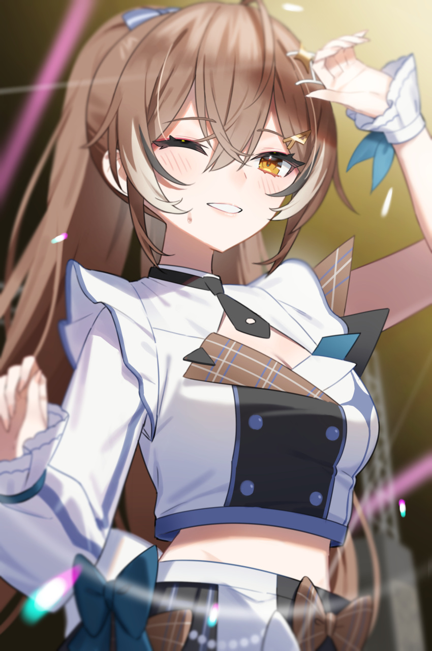 1girl ahoge arm_up asymmetrical_sleeves bangs black_skirt brown_eyes brown_hair buttons cleavage_cutout clothing_cutout crop_top double-breasted grin gukurosawa01 hair_ornament hair_ribbon hairclip highres hololive hololive_english hololive_idol_uniform hololive_idol_uniform_(bright) lens_flare long_hair multicolored_hair nanashi_mumei official_alternate_costume one_eye_closed plaid plaid_skirt pleated_skirt ponytail ribbon skirt smile stage stage_lights streaked_hair sweat uneven_sleeves very_long_hair virtual_youtuber