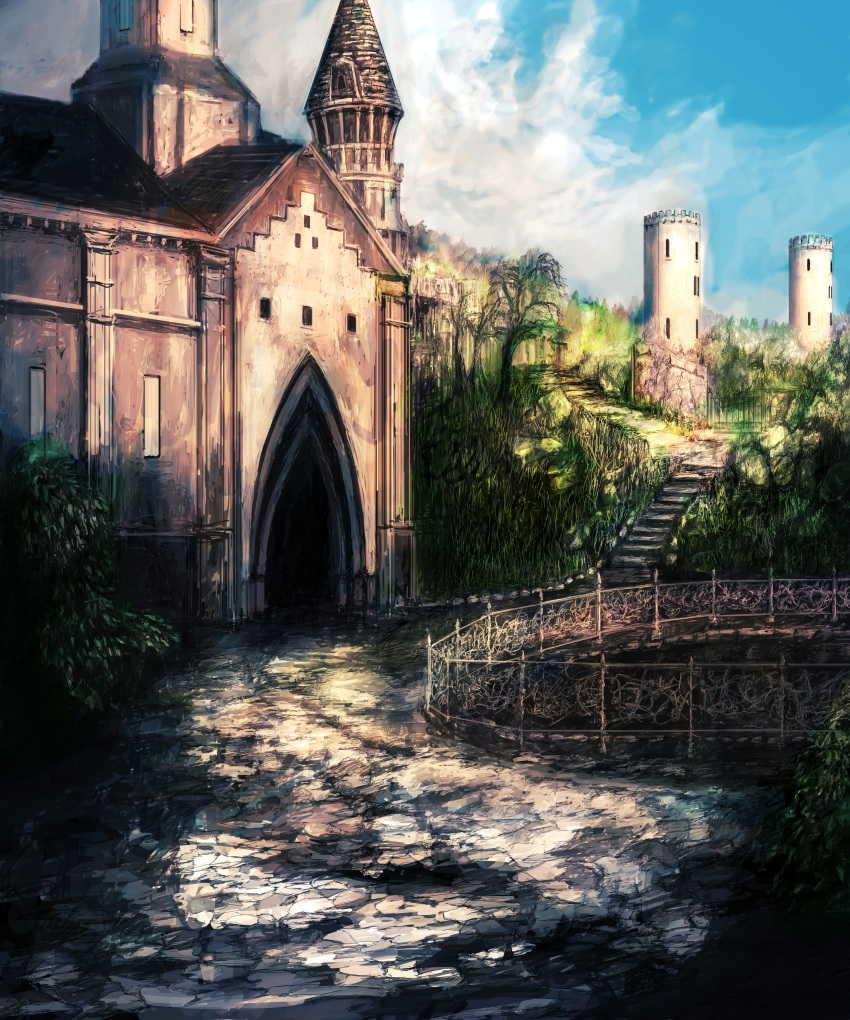 absurdres blue_sky building castle clouds day fence fort grass highres iron_fence mitsuaki_takeuchi no_humans original outdoors scenery sky stairs