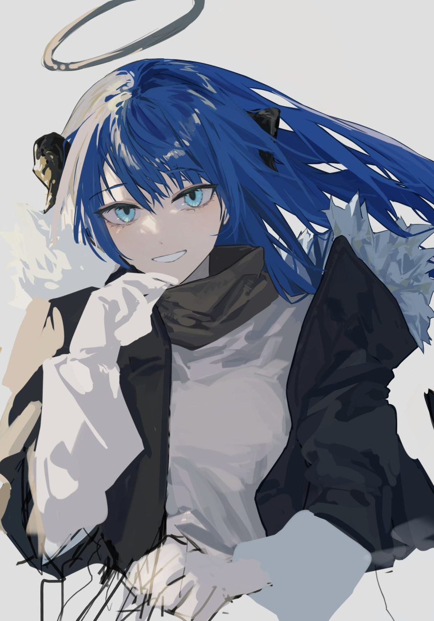1girl arknights bangs black_jacket black_scarf blue_eyes blue_hair commentary_request floating_hair fur-trimmed_jacket fur_trim hair_between_eyes halo highres hjm_matsukasa horns jacket long_hair looking_at_viewer mostima_(arknights) open_clothes open_jacket scarf shirt sketch smile solo white_shirt