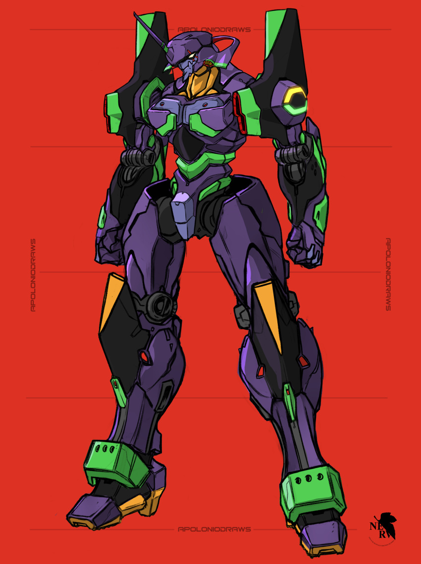 absurdres apoloniodraws artist_name clenched_hands eva_01 evangelion_(mecha) full_body glowing glowing_eye highres horns joints logo mecha neon_genesis_evangelion nerv no_humans rebuild_of_evangelion red_background redesign robot robot_joints science_fiction single_horn solo standing white_eyes