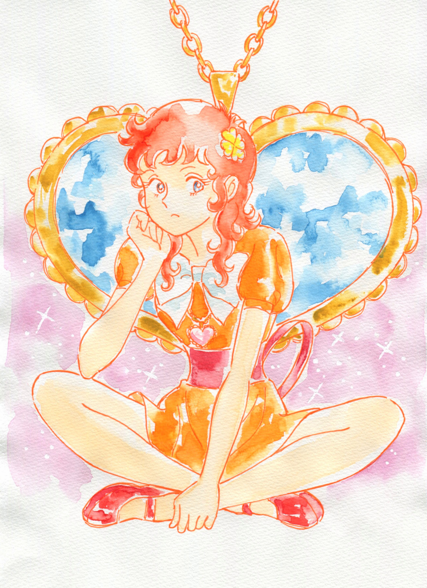 1girl absurdres ballpoint_pen_(medium) blue_eyes bow clover_hair_ornament curly_hair dress eyelashes frown hair_ornament heart heart_necklace highres jewelry kanzaki_megu magical_girl majokko_megu-chan mary_janes necklace no_socks orange_dress painting_(medium) pendant red_footwear saitault shoes short_hair sitting solo traditional_media watercolor_(medium) white_bow