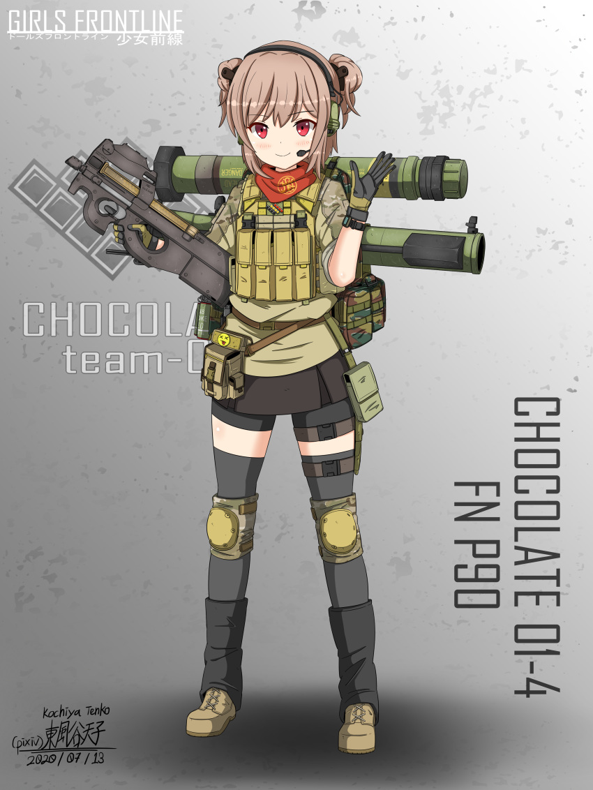 1girl absurdres ammunition_pouch artist_name bangs belgian_flag black_gloves black_leg_warmers black_skirt blush boots brown_footwear brown_gloves brown_shirt brown_vest bullpup camouflage camouflage_shirt character_name closed_mouth combat_boots commentary_request copyright_name cross-laced_footwear dated desert_camouflage double_bun emoji english_text fn_herstal full_body girls_frontline gloves gradient_background grey_background grey_thighhighs gun hair_bun hair_ornament hand_up headset highres holding holding_gun holding_weapon kanji knee_pads kochiya_tenko leg_warmers light_brown_hair load_bearing_equipment load_bearing_vest logo looking_at_viewer military miniskirt neck_warmer no_eyewear p90 p90_(girls'_frontline) pixiv_username pouch product_placement red_eyes rocket_launcher romaji_text shirt skirt sleeves_rolled_up smaw smile smoke_grenade snap-fit_buckle solo standing submachine_gun tactical_clothes thigh-highs thigh_pouch tsurime two-tone_gloves vest watch watch weapon weapon_name weapon_on_back white_background woodland_camouflage