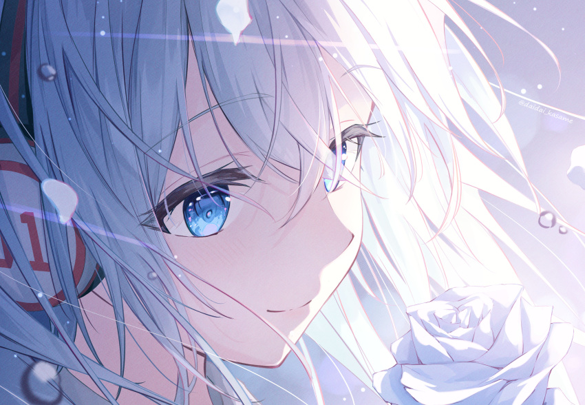 1girl absurdres backlighting bangs blue_eyes blush close-up closed_mouth commentary crossed_bangs daidai_(daidai826) eyelashes flower green_hair hair_between_eyes hatsune_miku headphones highres light_particles long_hair looking_at_flowers nose rose sidelocks smile solo twitter_username vocaloid water_drop white_flower white_rose