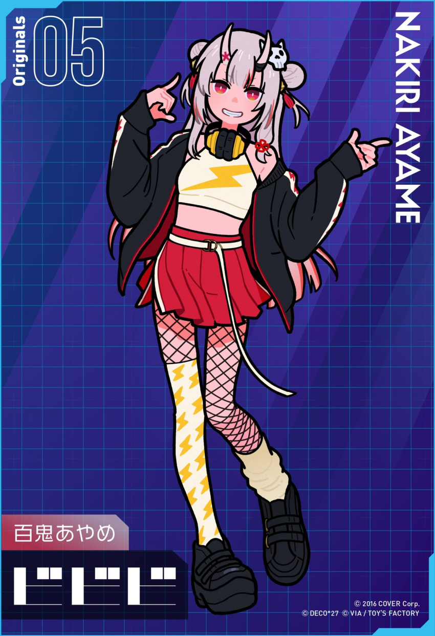 1girl asymmetrical_legwear black_footwear black_jacket bright_pupils character_name full_body grey_hair headphones headphones_around_neck highres hololive horns index_finger_raised jacket long_hair looking_at_viewer midriff multicolored_hair nakiri_ayame parted_lips pleated_skirt red_eyes red_skirt redhead second-party_source shoes skirt sleeves_past_wrists smile solo standing two-tone_hair very_long_hair virtual_youtuber white_pupils yoshi_mi_yoshi