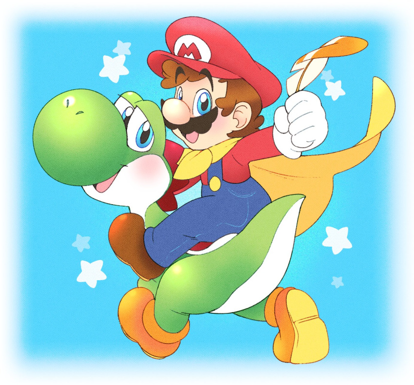 blue_background blue_eyes brown_footwear brown_hair cape colored_skin facial_hair feathers gloves green_skin highres holding holding_feather looking_at_viewer male_focus mario mustache open_mouth orange_footwear overalls riding smile star_(symbol) super_mario_bros. super_mario_world tail vergolophus white_gloves yoshi