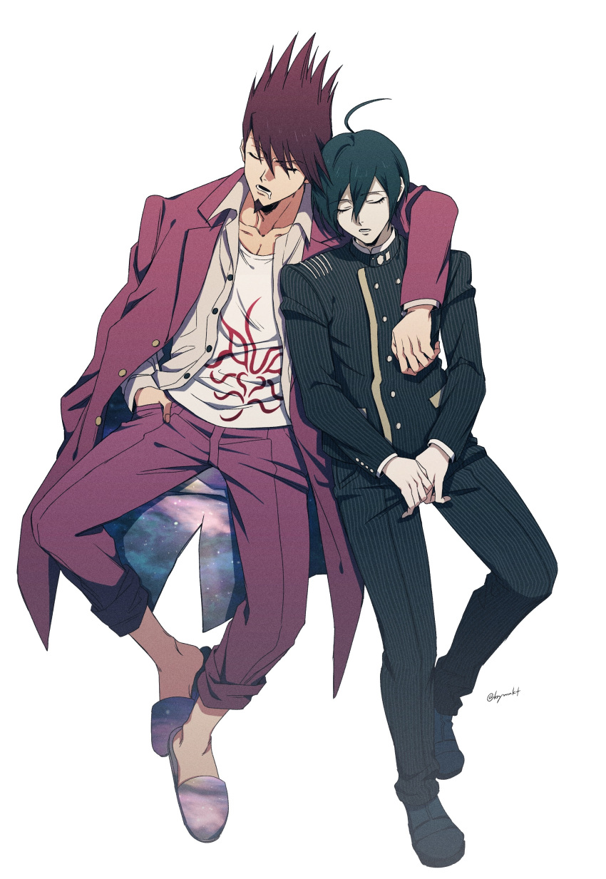 2boys absurdres ahoge arm_around_shoulder bangs black_hair buttons closed_eyes collarbone danganronpa_(series) danganronpa_v3:_killing_harmony double-breasted dress_shirt facial_hair facing_viewer goatee hair_between_eyes hand_in_pocket height_difference highres jacket lower_teeth_only male_focus momota_kaito monochrome multiple_boys open_clothes open_mouth open_shirt pants pink_jacket pink_pants print_shirt purple_hair saihara_shuuichi shirt shoes short_hair sitting spiky_hair striped striped_jacket striped_pants teeth tuzuriya white_shirt