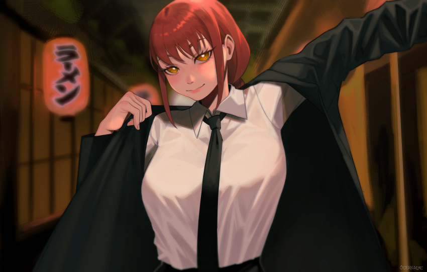 1girl absurdres bangs black_jacket black_necktie black_pants blurry blurry_background braid braided_ponytail breasts chainsaw_man collared_shirt dressing formal highres jacket lantern large_breasts looking_at_viewer makima_(chainsaw_man) medium_hair necktie oceanade pants paper_lantern redhead ringed_eyes shirt shirt_tucked_in sidelocks smile solo suit suit_jacket white_shirt yellow_eyes