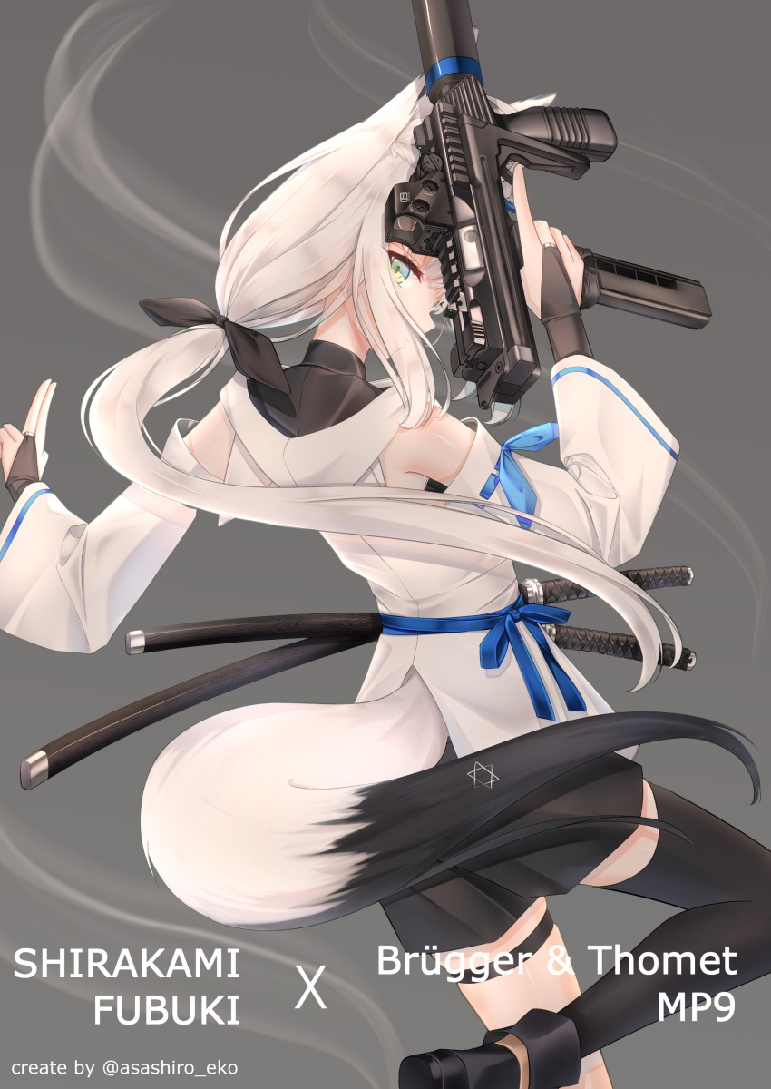 1girl absurdres animal_ear_fluff animal_ears artist_name bangs black_bow black_footwear black_shorts black_thighhighs bow braid bridal_gauntlets commentary_request detached_sleeves fox_ears fox_girl fox_tail green_eyes grey_background gun hair_between_eyes hair_bow highres holding holding_gun holding_weapon hololive hood hoodie joe19990131 katana leg_up long_hair looking_at_viewer looking_back pentagram sheath sheathed shirakami_fubuki short_shorts shorts sidelocks simple_background single_braid single_thighhigh solo sword tail thigh-highs thigh_strap trigger_discipline virtual_youtuber weapon white_hair white_hoodie