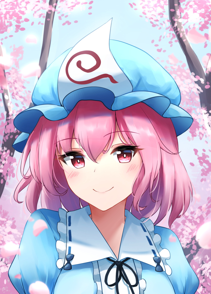 1girl bangs blue_headwear bright_pupils cherry_blossoms closed_mouth commentary hat highres kuneamorai looking_at_viewer medium_hair mob_cap pink_eyes pink_hair saigyouji_yuyuko smile solo touhou triangular_headpiece upper_body white_pupils