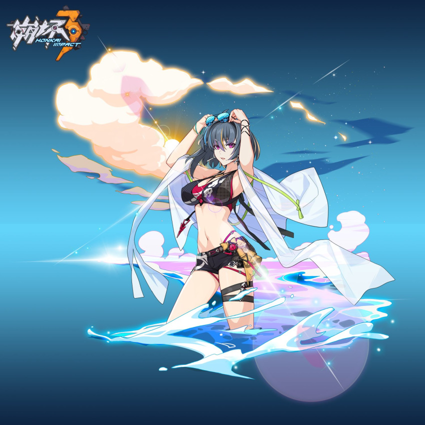 1girl arms_up bikini bracelet breasts clouds highres holding holding_eyewear honkai_(series) honkai_impact_3rd jewelry juer1004 looking_at_viewer medium_breasts mole mole_under_mouth multicolored_hair navel official_art raven_(honkai_impact) short_shorts shorts swimsuit thigh_strap two-tone_hair violet_eyes