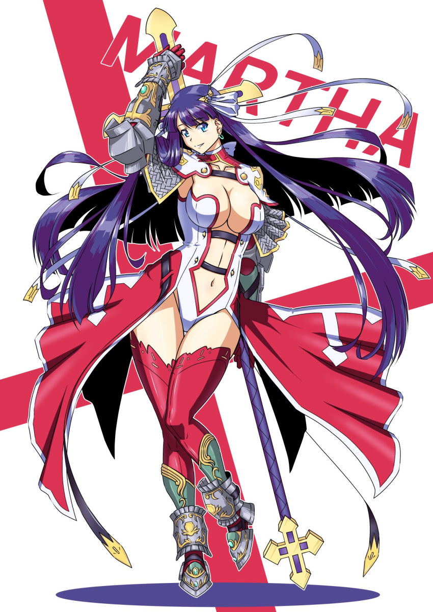1girl armored_boots bangs blue_eyes blunt_bangs boots breasts center_opening cross english_text fate/grand_order fate_(series) full_body gauntlets hair_ribbon highres hime_cut large_breasts leotard long_hair looking_at_viewer martha_(fate) navel purple_hair ribbon rofu_get simple_background solo staff stomach straight_hair thigh-highs very_long_hair white_background zettai_ryouiki