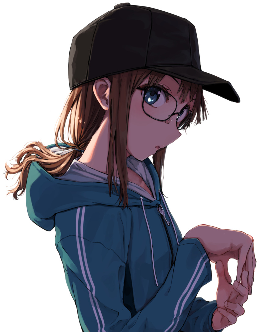 1girl :o baseball_cap black-framed_eyewear black_headwear brown_hair drawstring english_commentary from_side glasses hair_flowing_over hair_tie hat highres hood hooded_track_jacket jacket looking_to_the_side low_ponytail mixed-language_commentary original own_hands_together ryuunosuke_(luckyneco) sidelocks solo track_jacket violet_eyes
