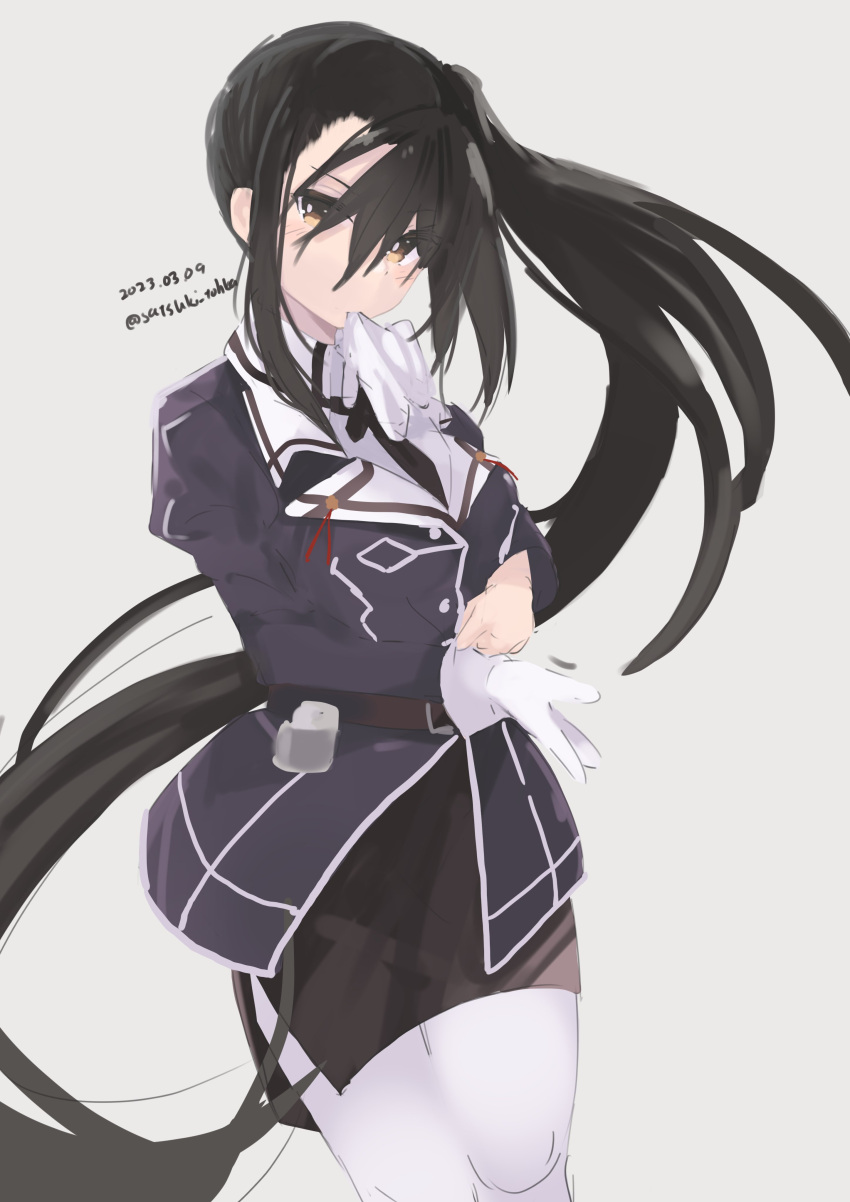 1girl absurdres black_hair black_skirt brown_eyes cowboy_shot dated glove_in_mouth gloves grey_background highres jacket kantai_collection long_hair military military_uniform mouth_hold nachi_(kancolle) nachi_kai_ni_(kancolle) one-hour_drawing_challenge pantyhose purple_jacket satsuki_tooka side_ponytail simple_background skirt solo twitter_username uniform very_long_hair white_gloves white_pantyhose