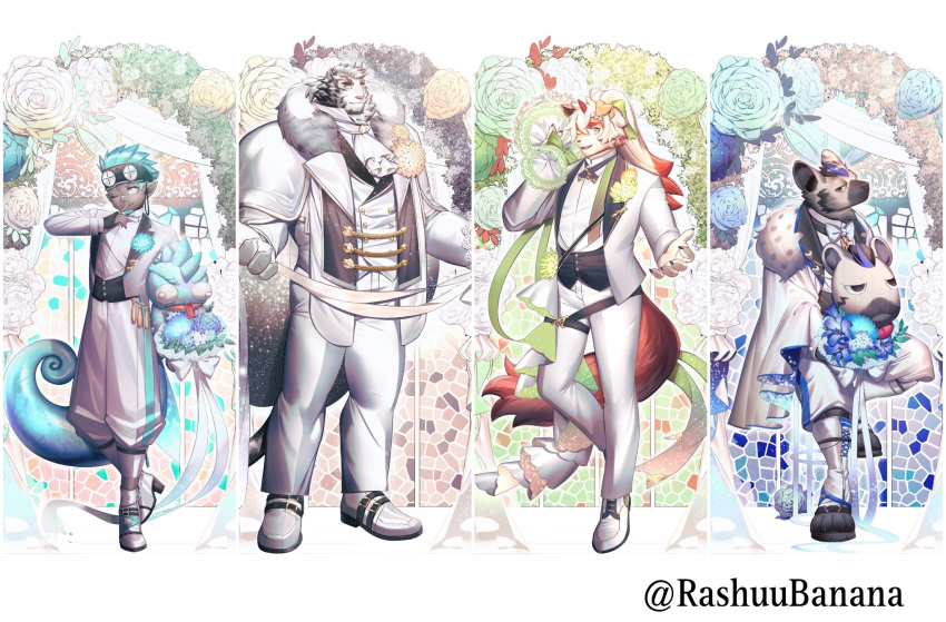 4boys alternate_costume animal_ears aqua_hair arknights bouquet chameleon_tail dark-skinned_male dark_skin dog_boy dress ethan_(arknights) facial_hair floral_background flower formal fur_trim furry furry_male goatee goggles goggles_on_head highres holding holding_bouquet horns hung_(arknights) hyena_boy hyena_ears jacket large_hands long_hair looking_at_viewer male_focus mountain_(arknights) multiple_boys muscular muscular_male pants pointy_ears rashuubanana short_hair single_horn smile spot_(arknights) suit tail thick_eyebrows thighs tiger_boy tiger_ears wedding wedding_dress white_fur white_jacket white_pants white_suit