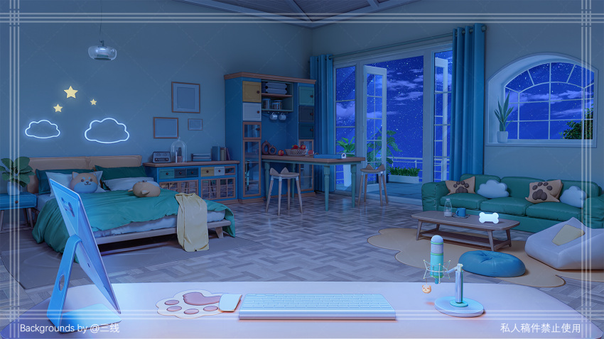 bed bedroom chair clouds couch curtains desk door indoors keyboard_(computer) microphone monitor mouse_(computer) mousepad_(object) night night_sky open_door original paw_print pillow plant potted_plant sanxian_(wufs4222) scenery sky star_(sky) starry_sky table window