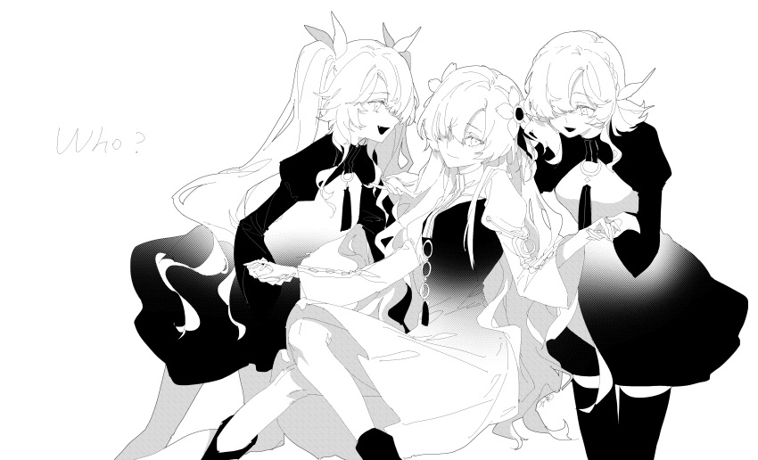 3girls absurdres alternate_hair_length alternate_hairstyle boots braid chinese_commentary clone closed_mouth commentary_request crown_braid dress english_text fang flower gradient_dress greyscale hair_flower hair_ornament hair_over_one_eye hair_ribbon hand_grab hands_up hatching_(texture) head_tilt highres isekai_joucho jaggy_lines juliet_sleeves kamitsubaki_studio linear_hatching long_hair long_sleeves looking_at_another looking_at_viewer monochrome multiple_girls o-ring open_mouth palette_swap pantyhose puffy_sleeves ribbon short_hair shrug_(clothing) simple_background smile song_name thigh-highs twintails walluka who?_(vocaloid)