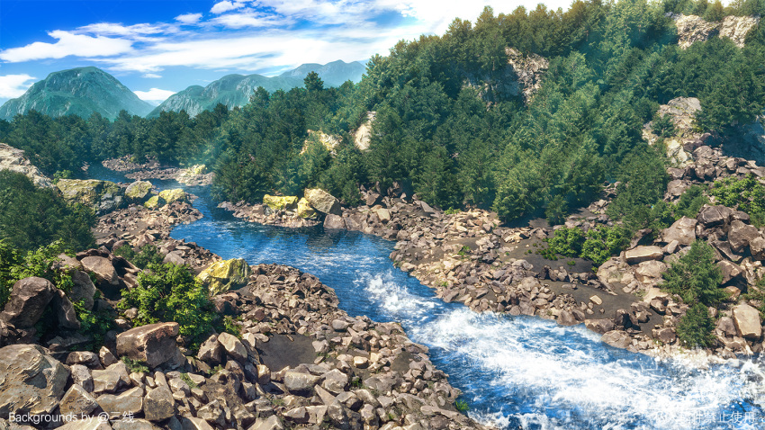 blue_sky boulder clouds day mountain nature original outdoors realistic river sanxian_(wufs4222) scenery sky tree water
