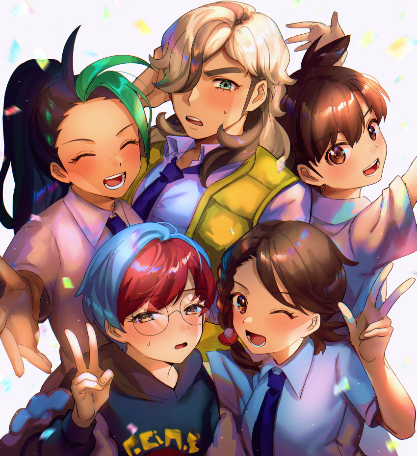 2boys 3girls ;d absurdres arven_(pokemon) asada_sadao bangs black_hair black_hoodie blue_hair blush braid brown_eyes brown_hair collared_shirt eyelashes florian_(pokemon) green_hair hand_up highres hood hoodie juliana_(pokemon) multicolored_hair multiple_boys multiple_girls necktie nemona_(pokemon) one_eye_closed open_clothes open_mouth open_vest penny_(pokemon) pokemon pokemon_(game) pokemon_sv ponytail redhead shirt short_hair smile sweatdrop two-tone_hair v vest yellow_vest