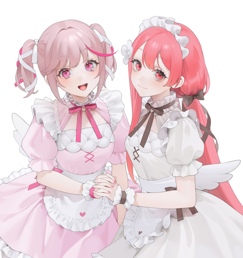 2girls angel_wings apron bangs blush bow braid choker closed_mouth commentary flower frilled_choker frilled_shirt_collar frills gem hair_bow hair_flower hair_ornament hatane_rona heart highres holding_hands interlocked_fingers kirara_akaru long_hair looking_at_viewer maid maid_apron maid_headdress multicolored_hair multiple_girls nail_polish neck_ribbon necktie ohisashiburi open_mouth pearl_(gemstone) pink_eyes project_luminasys promotional_art puffy_short_sleeves puffy_sleeves redhead ribbon short_sleeves simple_background skirt smile twin_braids two-tone_hair white_background white_bow wings