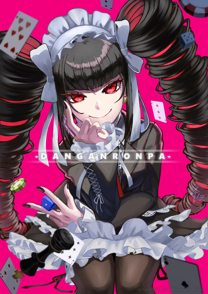 1girl bangs black_jacket black_nails breasts brown_pantyhose brown_skirt card celestia_ludenberg chess_piece closed_mouth commentary_request copyright_name danganronpa:_trigger_happy_havoc danganronpa_(series) dice drill_hair earrings frilled_jacket frilled_skirt frills gothic_lolita highres holding jacket jewelry kusatakesi large_breasts layered_skirt lolita_fashion long_hair long_sleeves nail_polish pantyhose pink_background playing_card poker_chip red_eyes shiny_clothes simple_background skirt smile solo twin_drills twintails