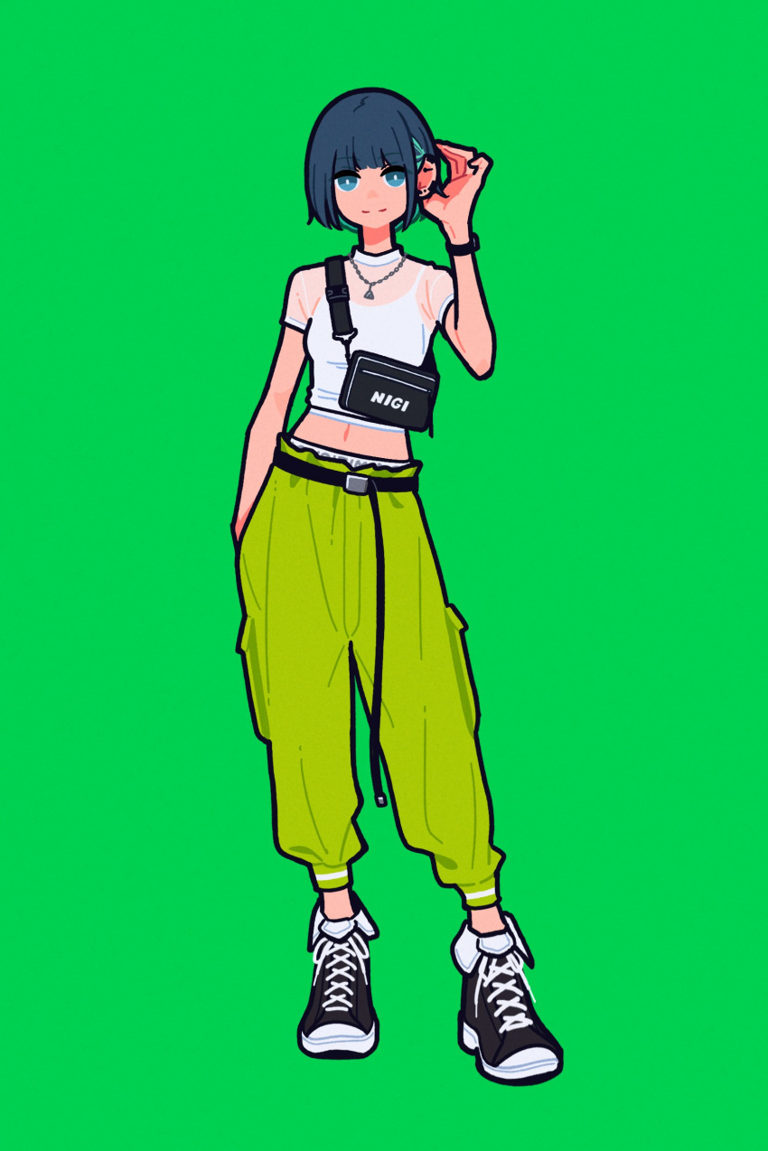 1girl absurdres aqua_eyes belt black_belt black_footwear black_hair bright_pupils commission ear_piercing earrings full_body green_background green_pants green_theme hand_in_pocket hand_up highres jewelry midriff navel necklace original pants piercing shirt shoes short_hair short_sleeves simple_background skeb_commission solo standing white_pupils white_shirt yoshi_mi_yoshi