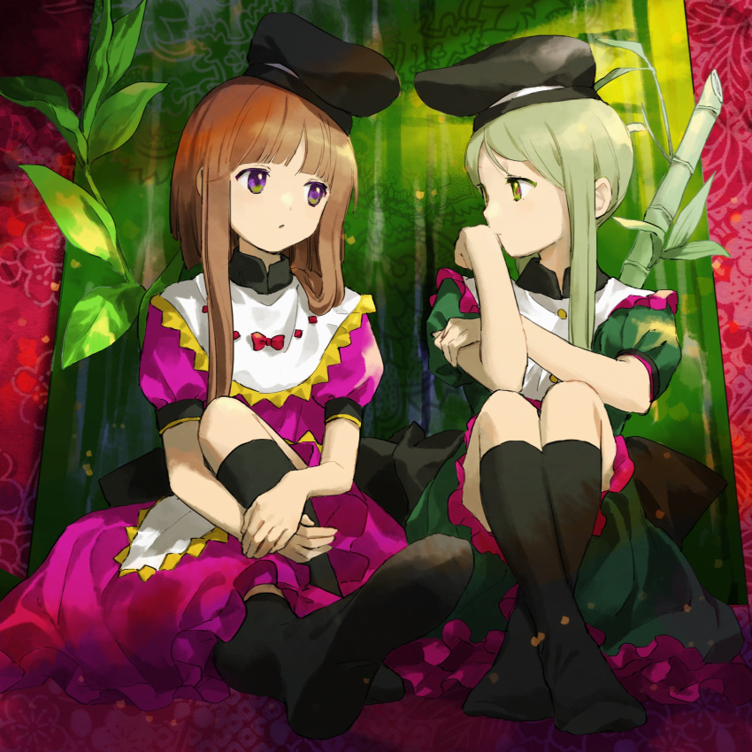 2girls apron back_bow bamboo bangs black_bow black_headwear black_socks bow brown_hair buttons closed_mouth commentary_request diamond_button door dress floral_print flower frills green_dress green_eyes green_hair hand_on_own_face hands_up hat highres kaigen_1025 leaf looking_at_another mandarin_collar multiple_girls myouga_(plant) nishida_satono no_shoes own_hands_together pink_dress plant puffy_short_sleeves puffy_sleeves red_bow red_flower short_hair short_hair_with_long_locks short_sleeves sitting socks teireida_mai touhou violet_eyes wall white_apron yellow_bow