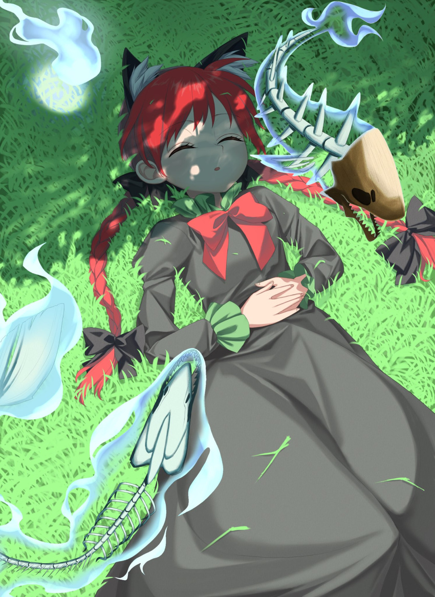 1girl :o \||/ animal_ears bow braid cat_ears dress fire from_above grass highres hitodama kaenbyou_rin keiki8296 lying on_back on_grass open_mouth redhead skull sleeping solo touhou twin_braids