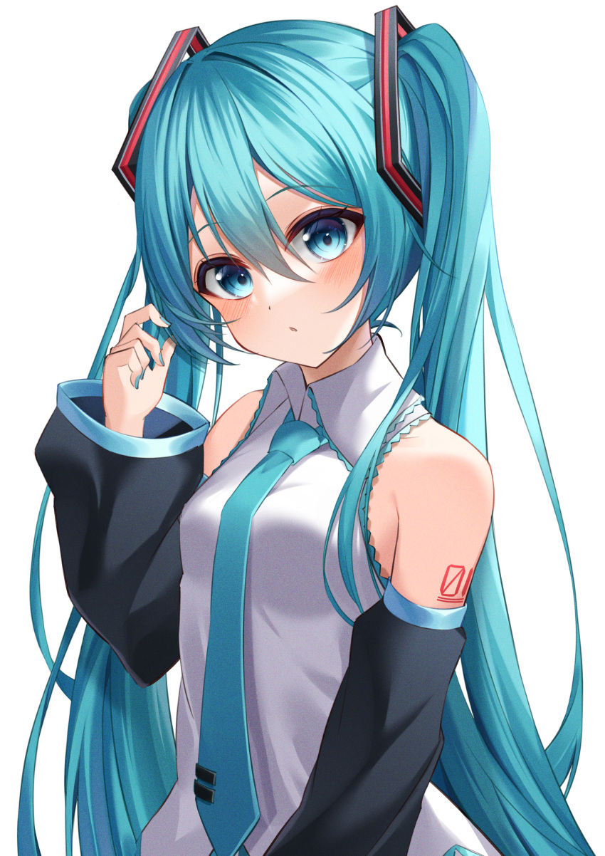 1girl absurdres arm_tattoo bangs black_sleeves blue_eyes blue_hair blue_nails blue_necktie breasts collared_shirt detached_sleeves hair_between_eyes hair_ornament hatsune_miku head_tilt highres long_hair long_sleeves looking_at_viewer nail_polish necktie number_tattoo open_mouth ryaru_ryaru shirt simple_background sleeveless sleeveless_shirt small_breasts solo standing tattoo twintails upper_body very_long_hair vocaloid white_background white_shirt wing_collar