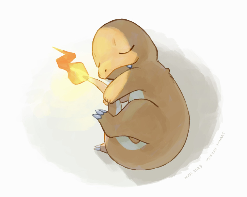 charmander closed_eyes closed_mouth commentary dated fang fang_out flame-tipped_tail from_above full_body highres lying mokuzou_(moku_ssbu) no_humans on_side pokemon pokemon_(creature) signature sleeping solo symbol-only_commentary u_u