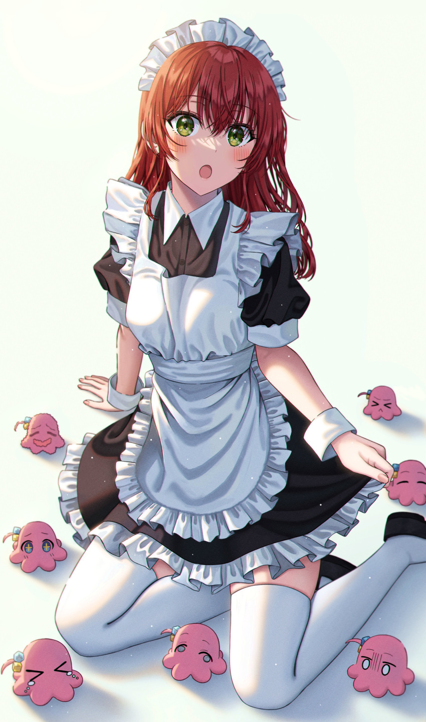 1girl absurdres alternate_costume animalization apron arm_support bangs black_dress blue_eyes blush bocchi_the_rock! cube_hair_ornament dress enmaided frilled_apron frilled_dress frills gotou_hitori gotou_hitori_(octopus) green_eyes hair_between_eyes hair_ornament highres kita_ikuyo long_hair looking_at_viewer maid maid_apron maid_headdress octopus ojyomu one_side_up open_mouth puffy_short_sleeves puffy_sleeves redhead short_sleeves sitting solo thigh-highs waist_apron white_apron white_thighhighs wrist_cuffs yokozuwari