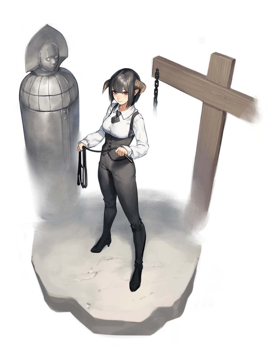 1girl bangs beeeeen black_hair black_necktie black_pants black_vest breasts chain closed_mouth copyright_request cross full_body high_heels highres holding holding_whip horns long_sleeves looking_at_viewer medium_breasts necktie pants pointy_ears red_eyes shirt short_hair short_necktie solo standing suspenders vest white_shirt
