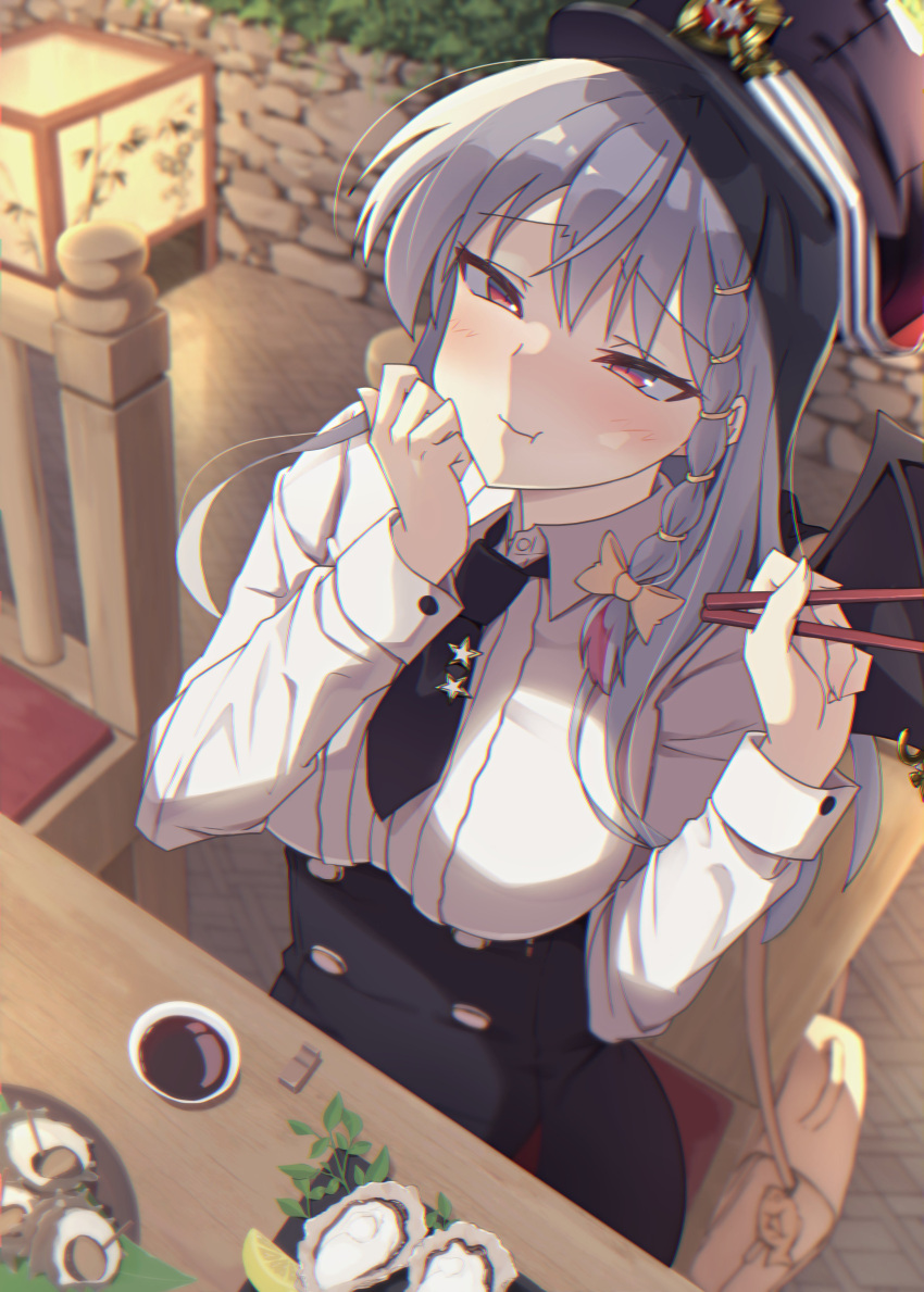 1girl :t absurdres black_headwear black_skirt blue_archive blush braid breasts buttons chair chewing chopsticks collared_shirt commentary_request covering_mouth deisui demon_wings double-breasted eating fake_wings grey_hair halo haruna_(blue_archive) highres holding holding_chopsticks indoors lantern long_hair looking_up medium_breasts necktie on_chair oyster paper_lantern plate raised_eyebrows red_eyes shell shirt side_braid single_wing skirt solo soy_sauce table underbust white_shirt wings wooden_chair wooden_table